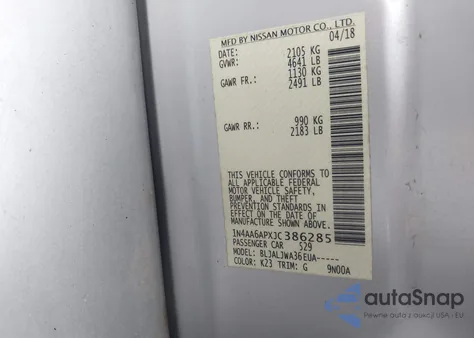 2018 Nissan Maxima 3.5 Sv z USA, uszkodzony, nr VIN 1N4AA6APXJC386285